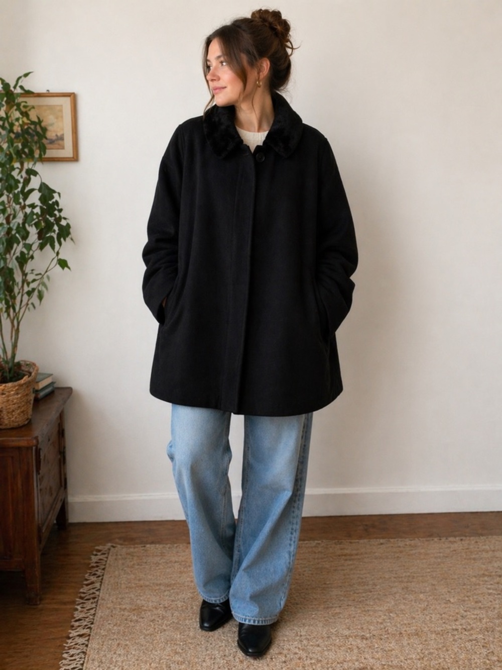 L.L.Bean Black Wool Coat Oversized Fit Warm Classic Minimalist Size XL